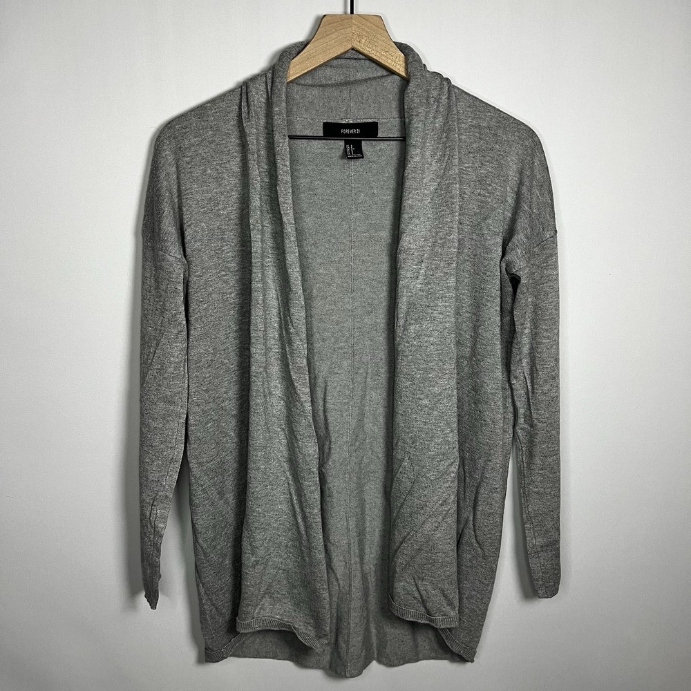 Forever 21 Sweater Women Size Small Gray Open Front Collared 3/4 Sleeve Cardigan